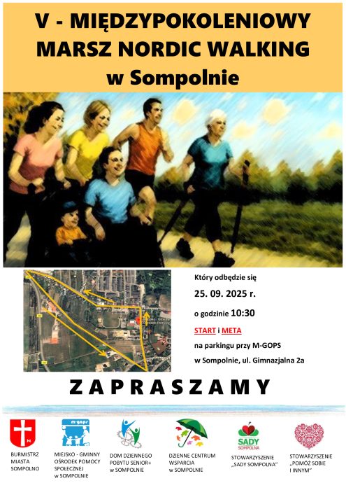Plakat informuje o międzypokoleniowym marszu nordic walking, który odbędzie się 25 września 2025 r. w Sompolnie od godziny 10:30